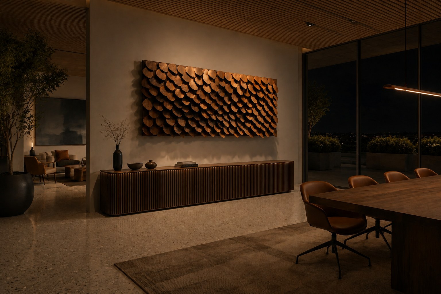 Large rectangular panel of overlapping timber plates in graded brown tones.