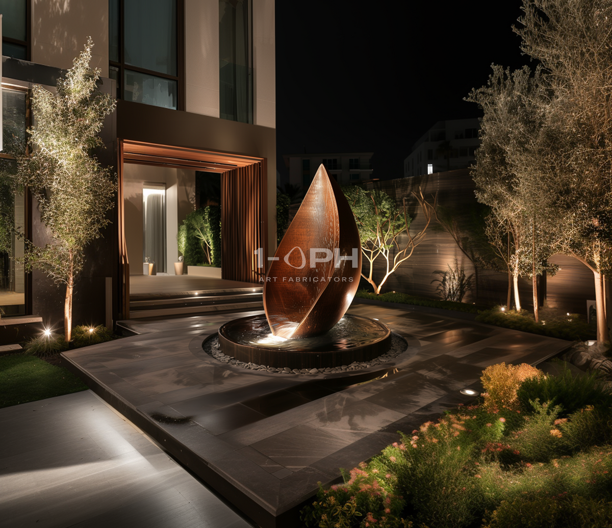 EMBER / RISE I stone fountain, three-quarter studio view showing its profile and base