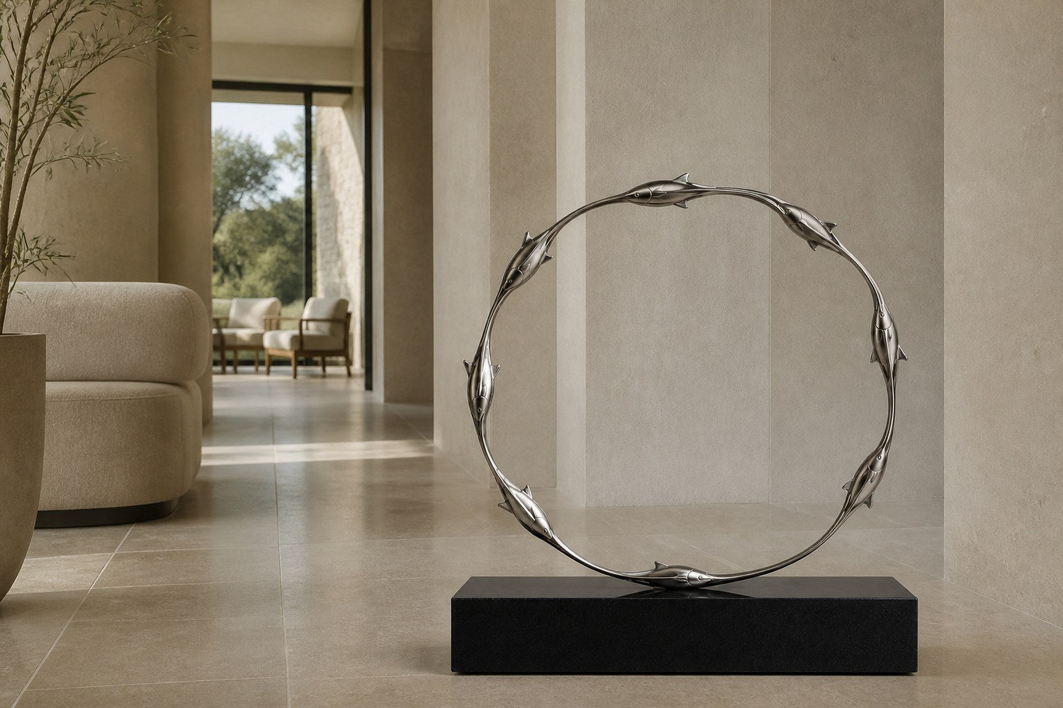 Mirror-polished stainless steel ring sculpture Estero Ø70, eight linked forms nose to tail, on a black granite block.