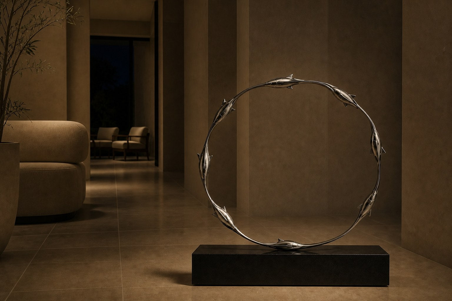 Mirror-polished stainless steel ring sculpture Estero Ø70, eight linked forms nose to tail, on a black granite block.