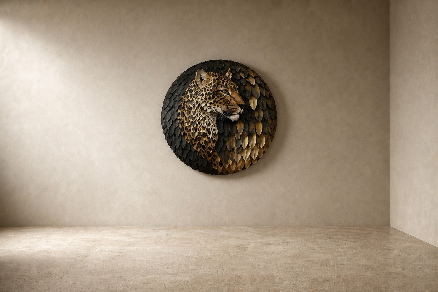 Antique bronze with dark rosettes bronze wall sculpture Fahd, cast relief head set within a spun disc, on a plaster wall.