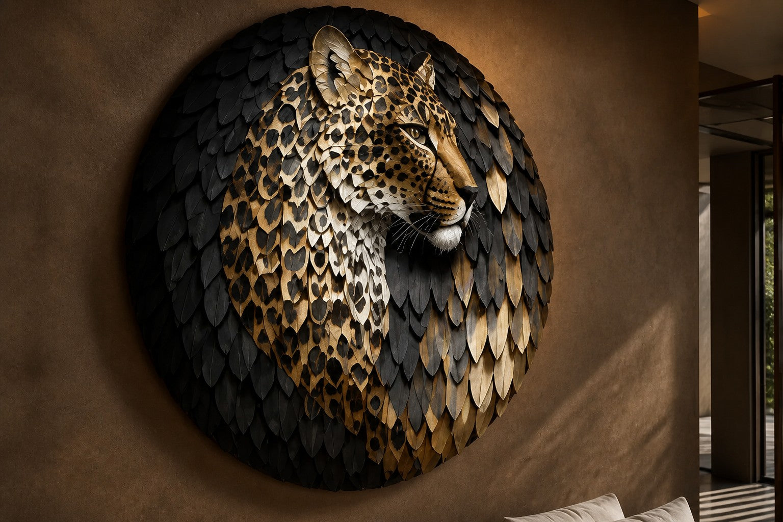 Antique bronze with dark rosettes bronze wall sculpture Fahd, cast relief head set within a spun disc, on a plaster wall.