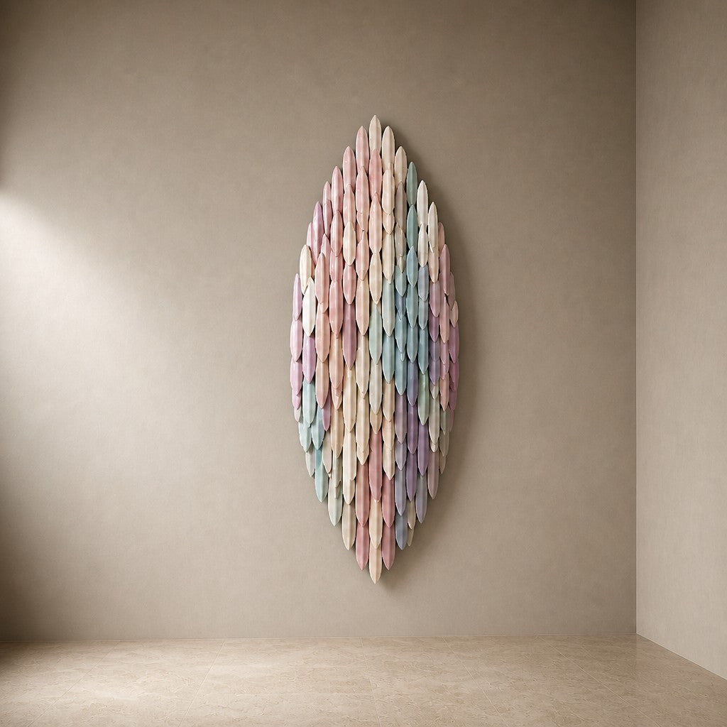Pale rose through to celadon steel wall sculpture Alba, fine pointed scales layered on a leaf armature, on a plaster wall.