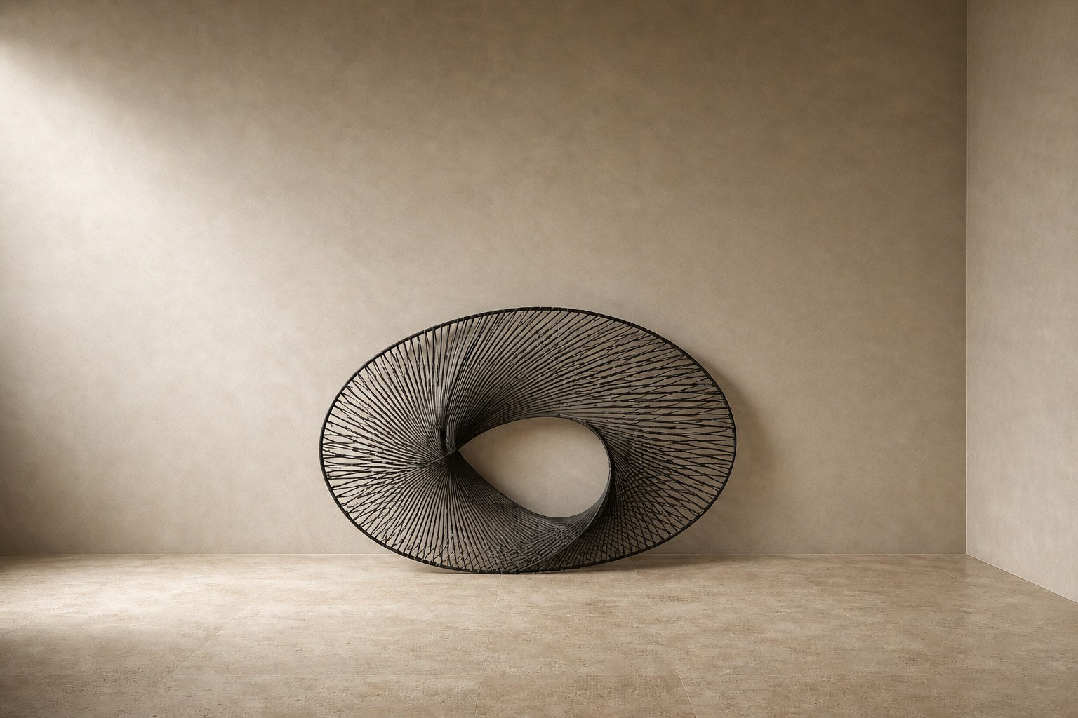 Elliptical woven-wire form twisting into a saddle, in charcoal and silver-grey.