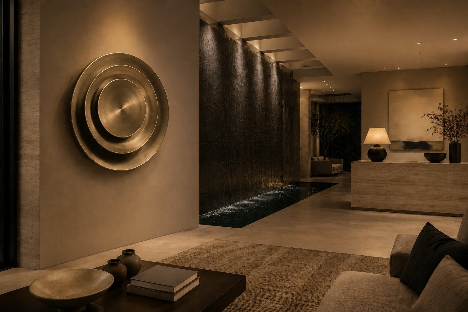 Bright silver stainless steel wall sculpture Plata, nested spun dishes stepping to a turned centre, on a plaster wall.