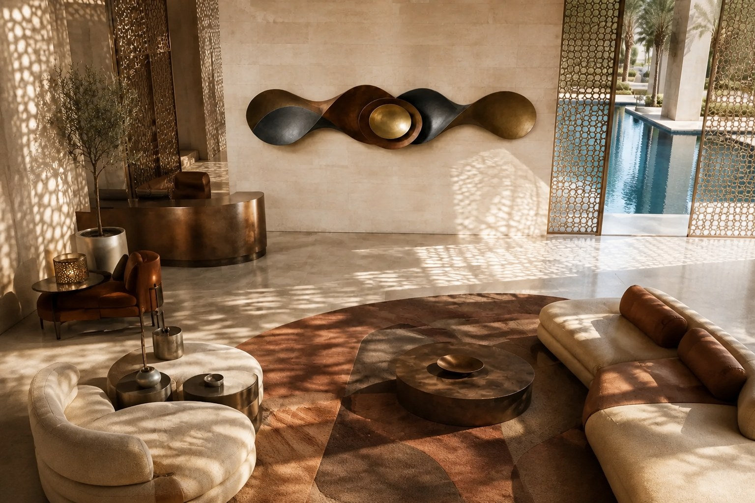 Long undulating bronze ribbon with a nested bowl and polished gold dome at its centre.