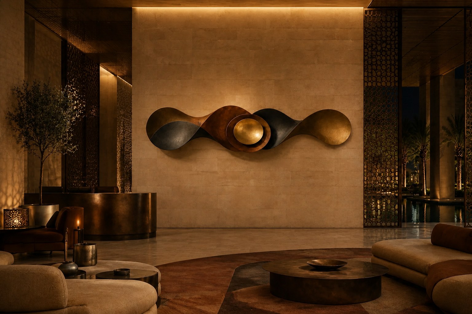 Long undulating bronze ribbon with a nested bowl and polished gold dome at its centre.