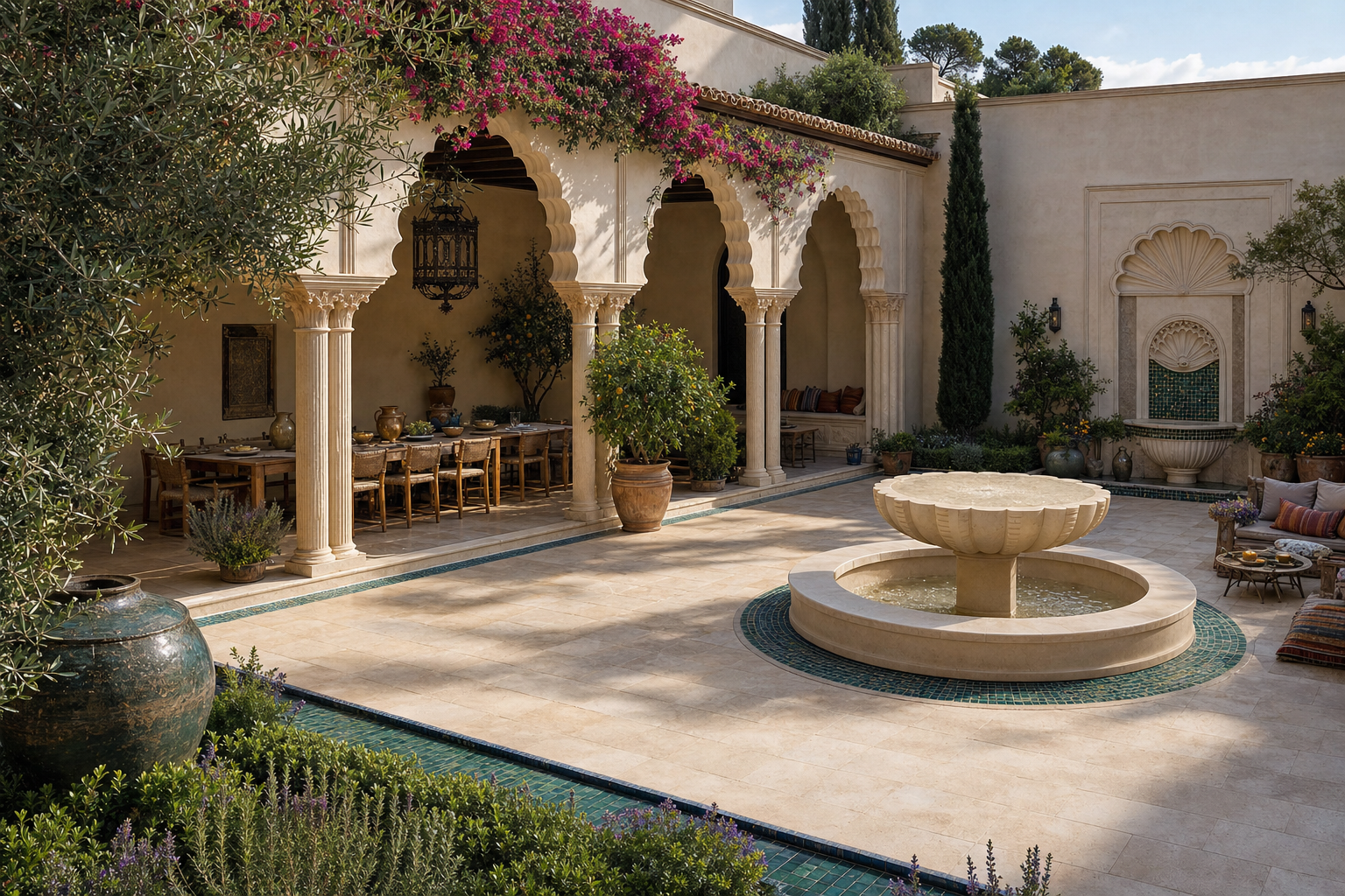 Volta limestone water feature by 1-OPH in a Dubai villa courtyard