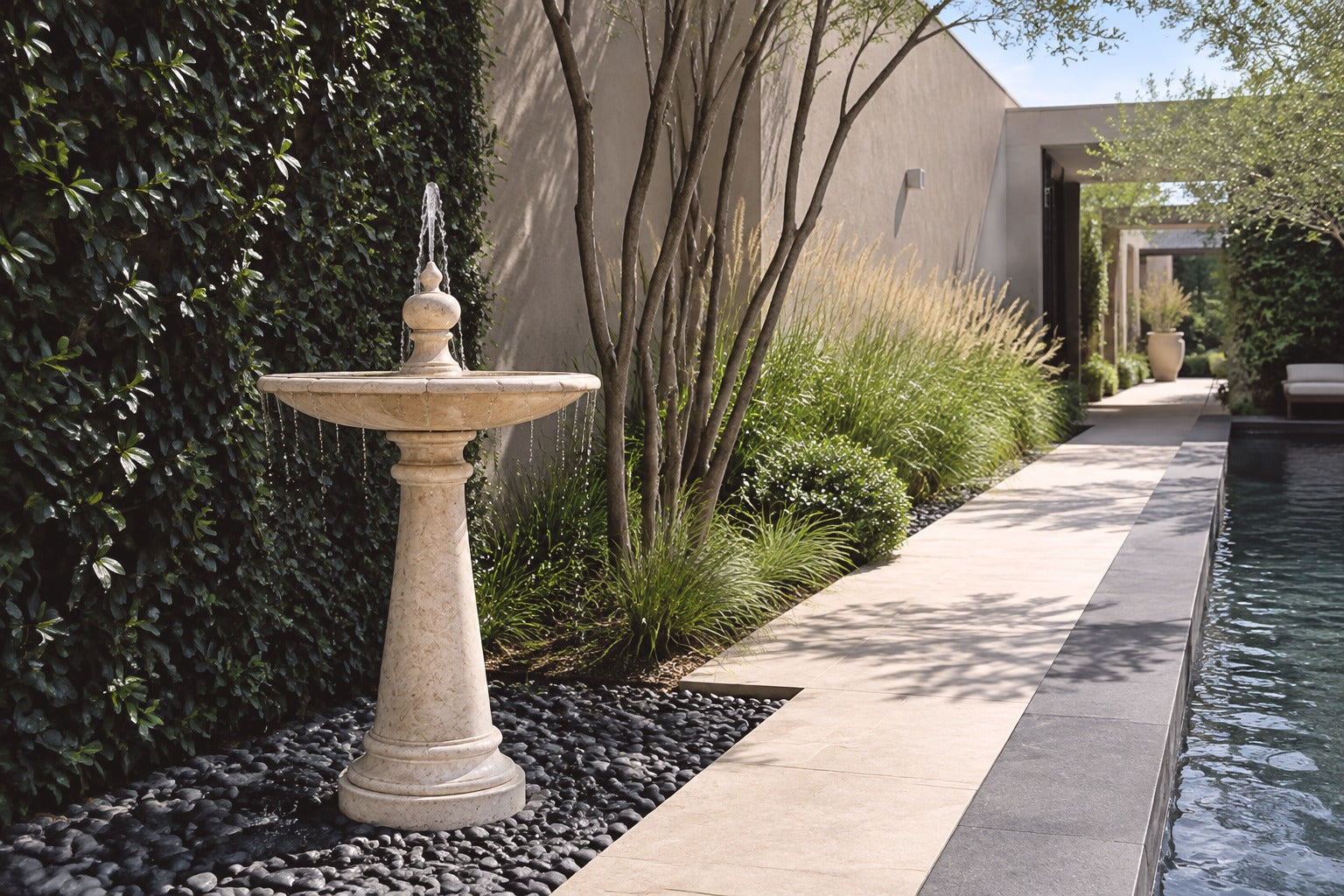Pale limestone pedestal fountain Fontena Ø65, cream with open fossil speckle, on a pale stone floor.