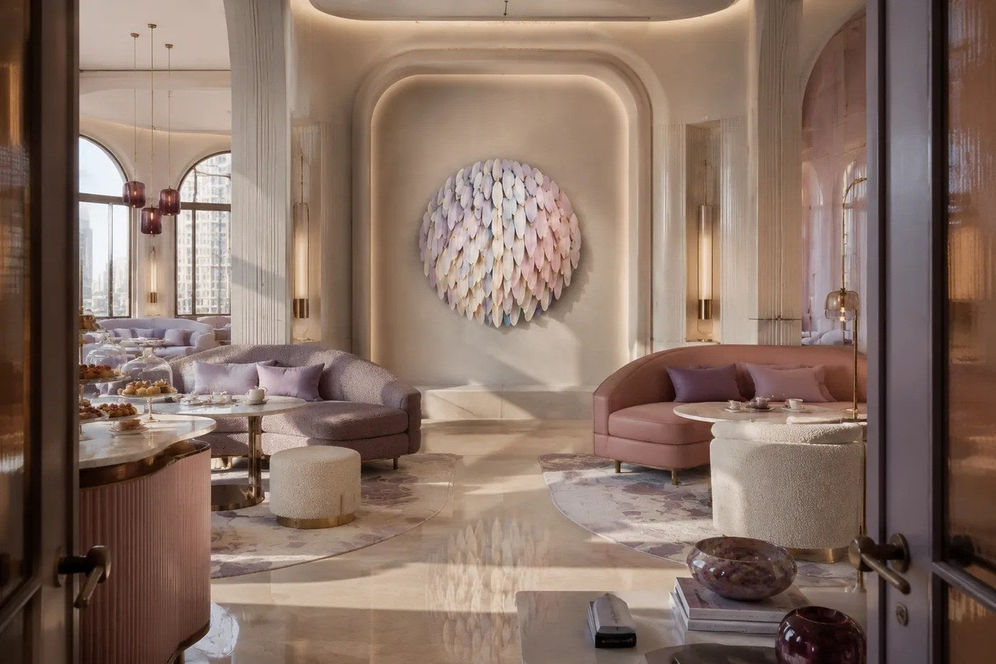 Cluster of overlapping spun discs in white, cream, sage and dusty pink with gilt accents.