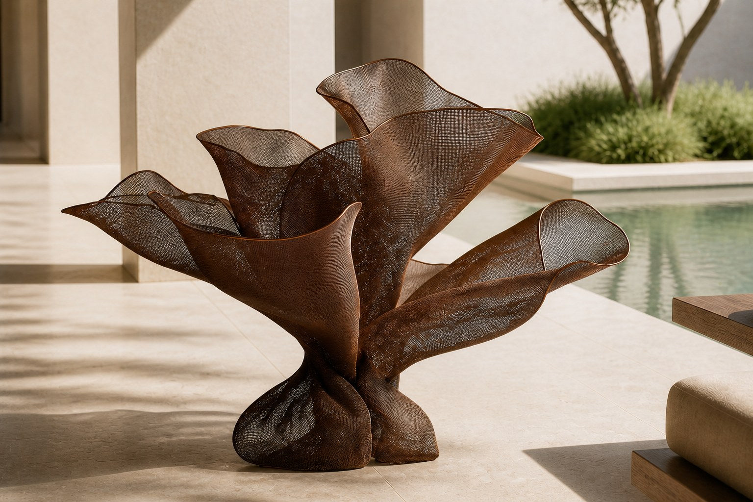 Woven bronze wire sculpture Gienah, a cluster of furled forms opening from a common gathered base.