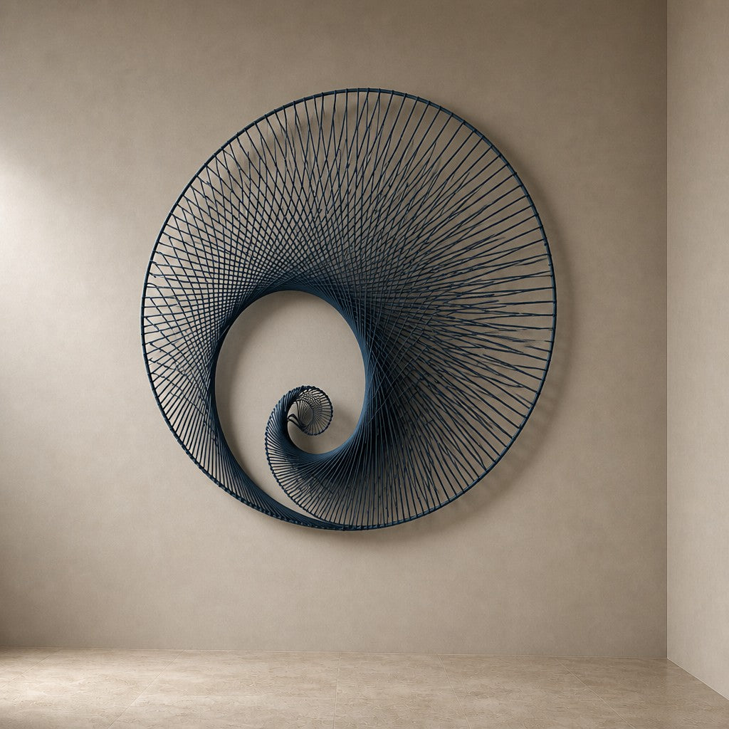 Deep indigo steel wall sculpture Chiocciola, fine wire wound across a circular rim into a spiral void, on a plaster wall.