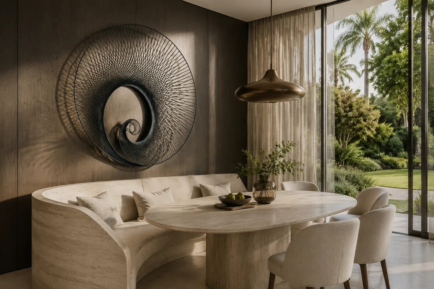 Deep indigo steel wall sculpture Chiocciola, fine wire wound across a circular rim into a spiral void, on a plaster wall.