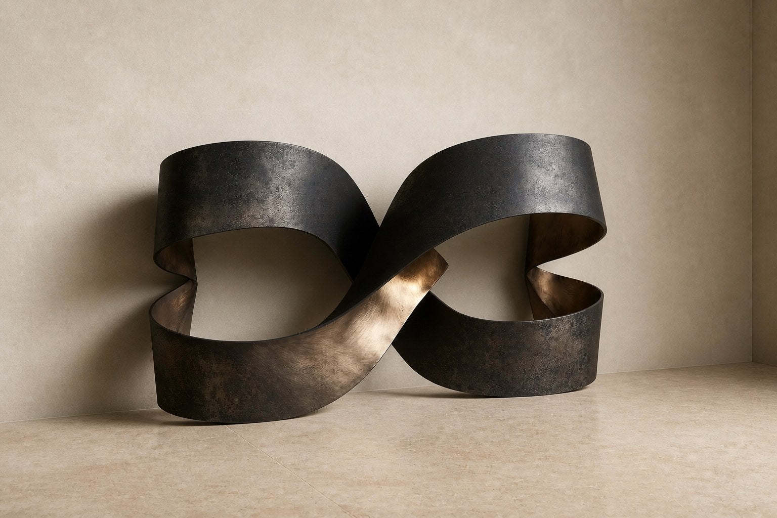 Broad bronze ribbon twisted into a figure-eight loop, standing on a stone floor.
