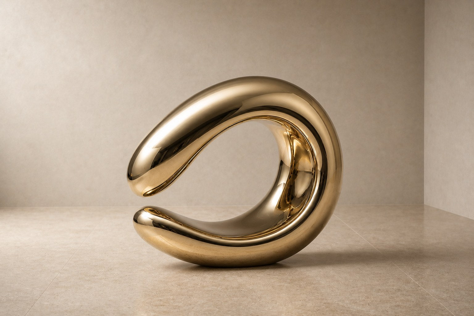 Mirror-polished brass loop sculpture Hamal knotted through itself, on a fluted cream travertine plinth.