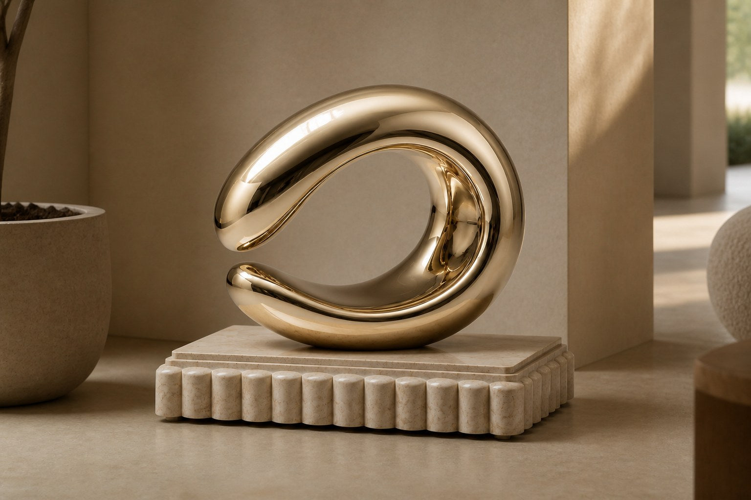 Mirror-polished brass loop sculpture Hamal knotted through itself, on a fluted cream travertine plinth.