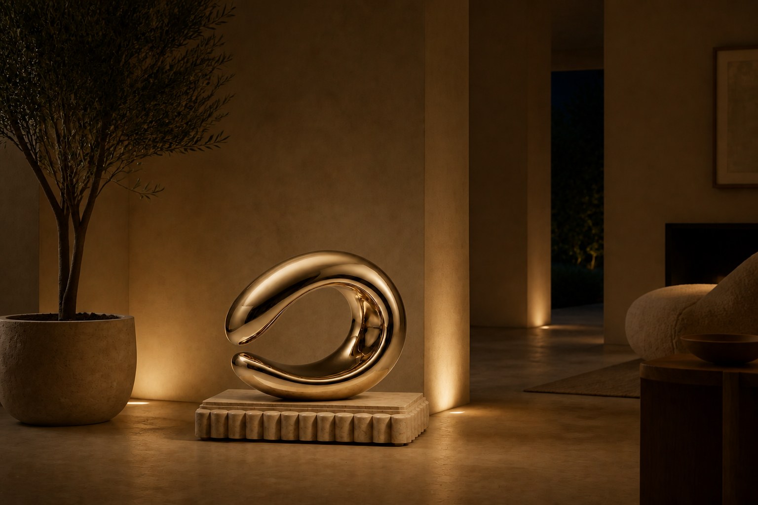 Mirror-polished brass loop sculpture Hamal knotted through itself, on a fluted cream travertine plinth.
