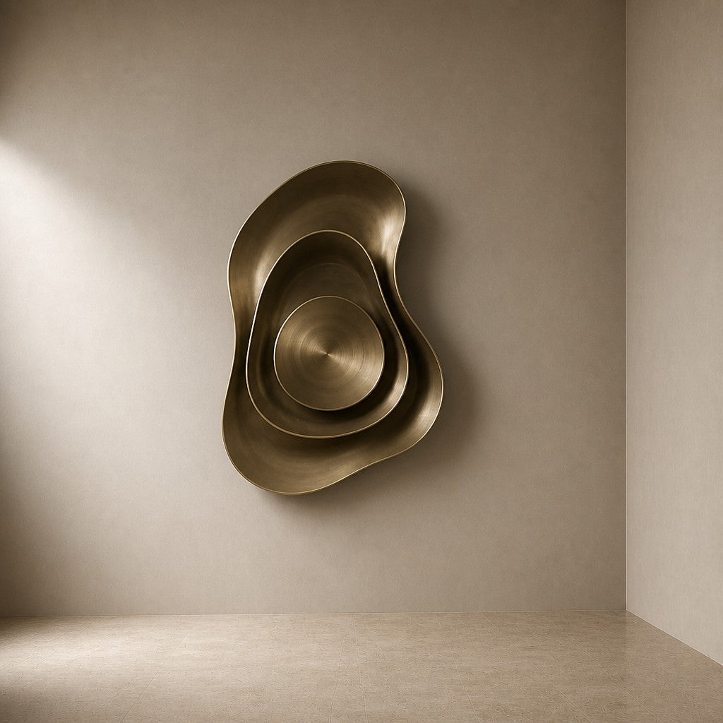 Warm brass brass wall sculpture Conca, a deep spun basin with a broad everted rim, on a plaster wall.