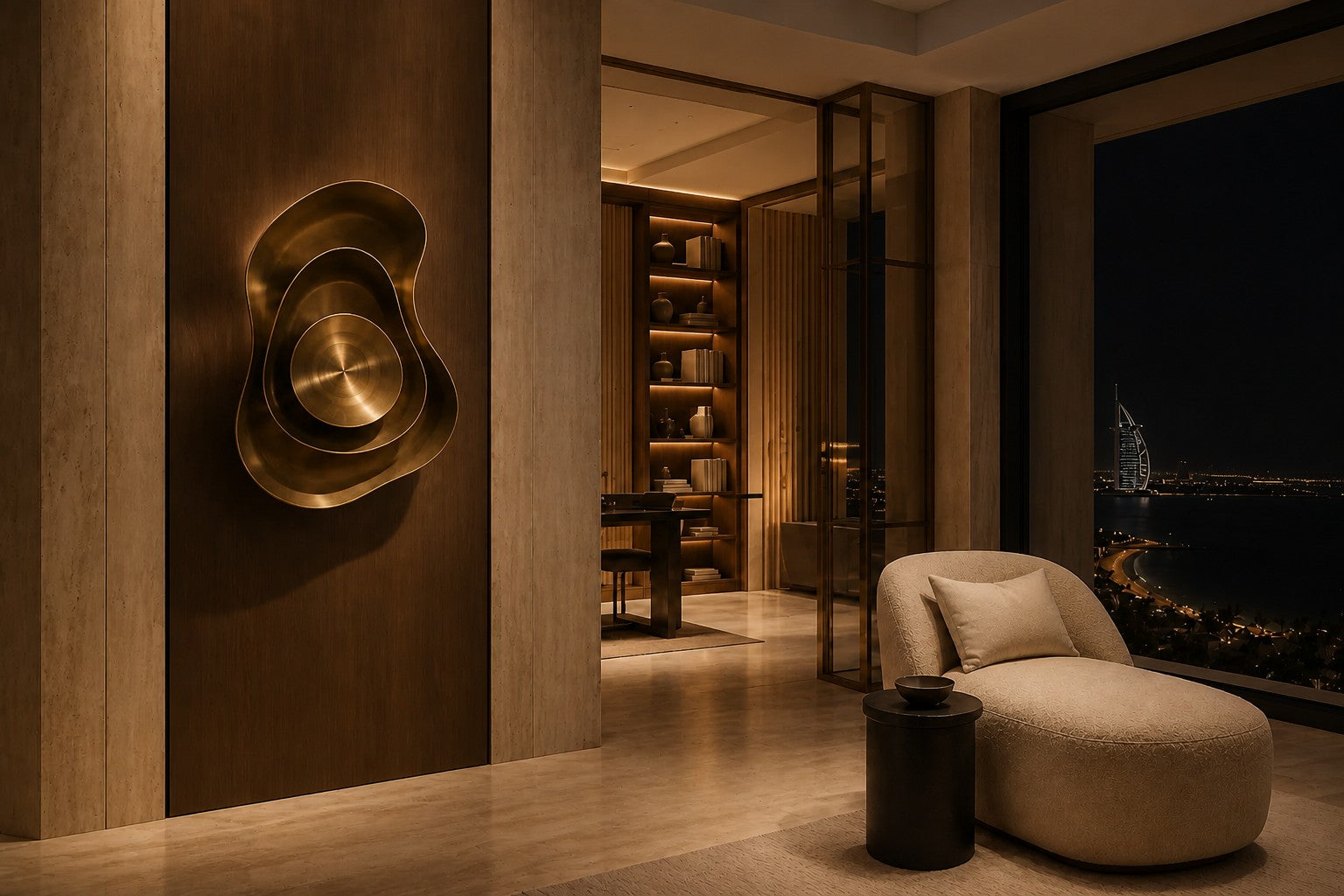 Warm brass brass wall sculpture Conca, a deep spun basin with a broad everted rim, on a plaster wall.