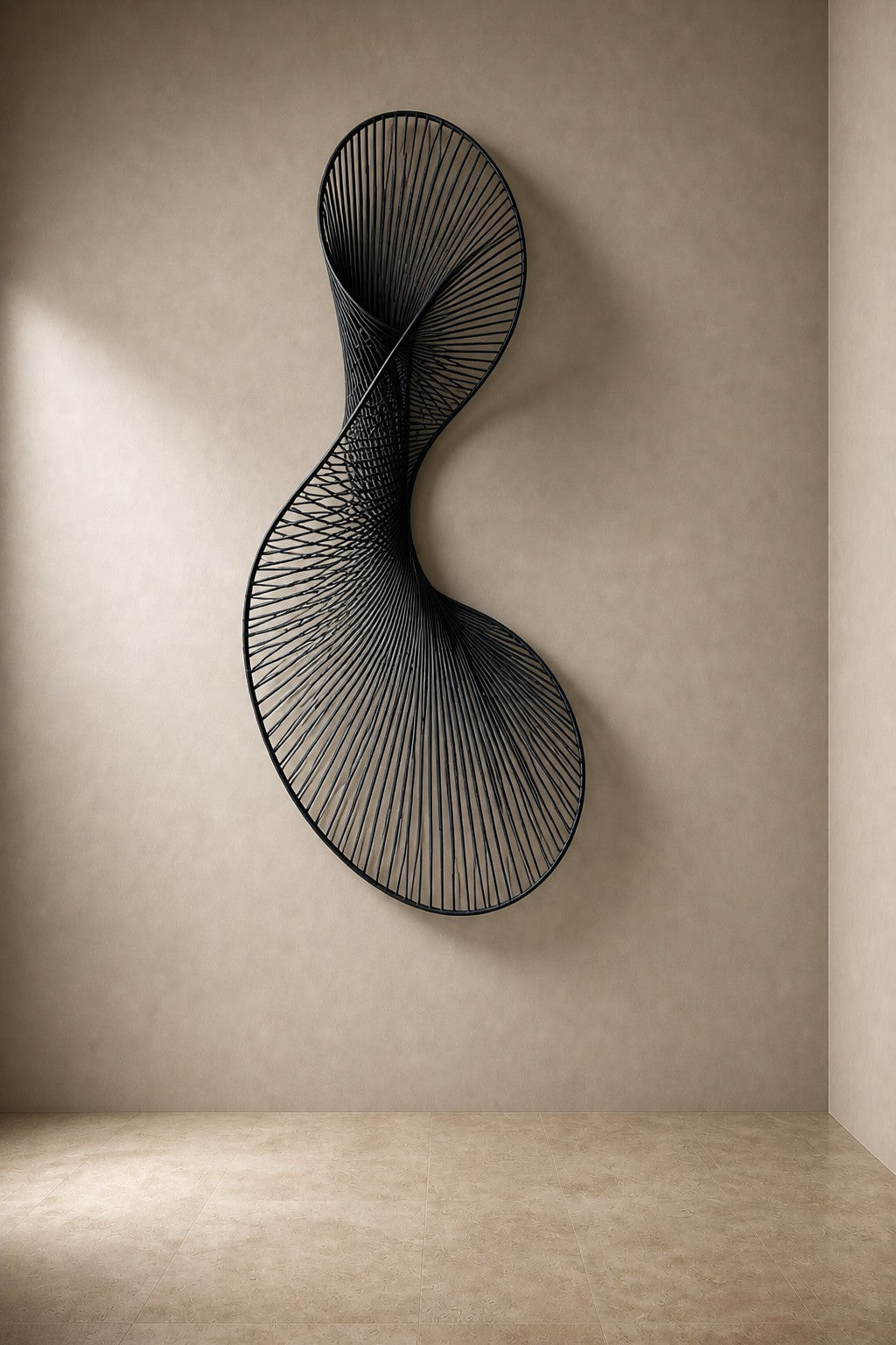Graphite steel wall sculpture Iltifat, a single sheet folded through itself in one continuous turn, on a plaster wall.