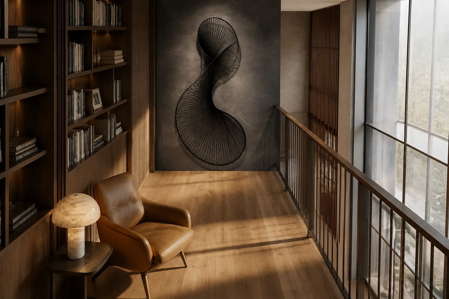 Graphite steel wall sculpture Iltifat, a single sheet folded through itself in one continuous turn, on a plaster wall.