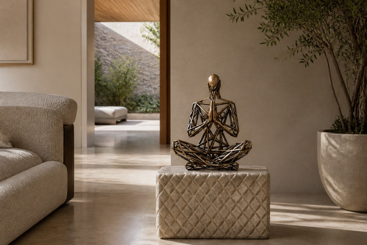 Bronze strut-cage seated figure sculpture Intreccio in lotus with hands together, on a quilted travertine block.