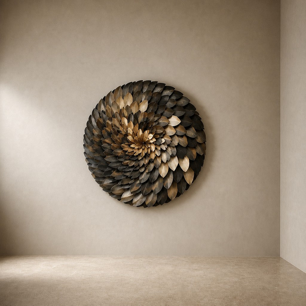 Dark bronze and pale gold bronze wall sculpture Collana, cast beads strung on a spun disc, on a plaster wall.