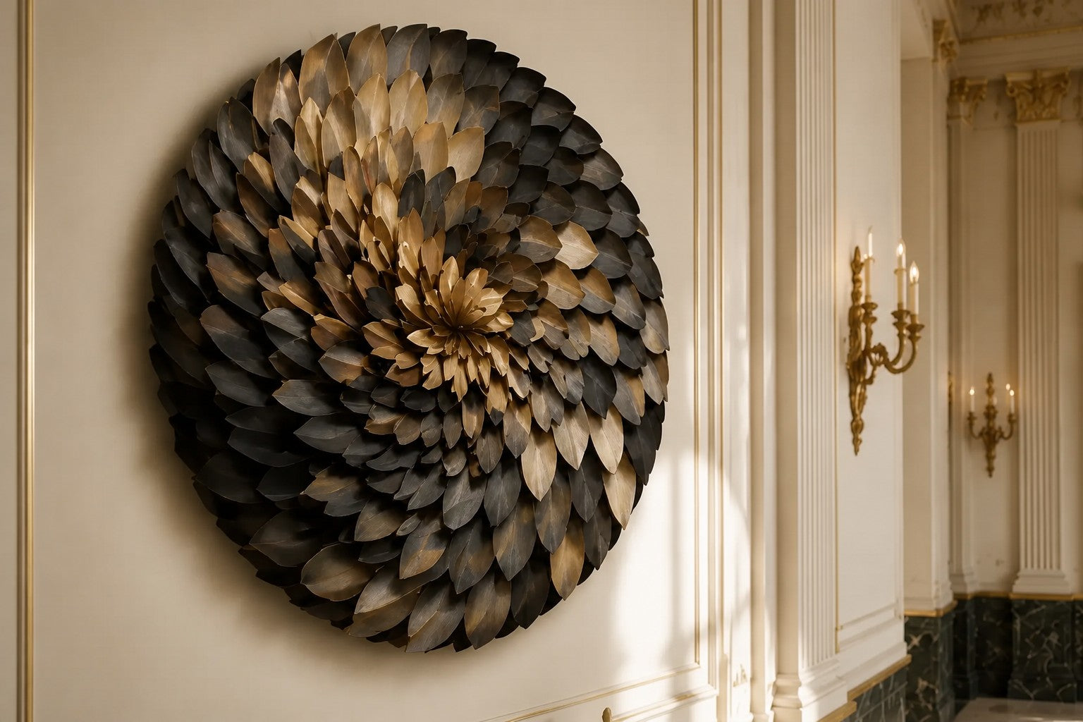 Dark bronze and pale gold bronze wall sculpture Collana, cast beads strung on a spun disc, on a plaster wall.