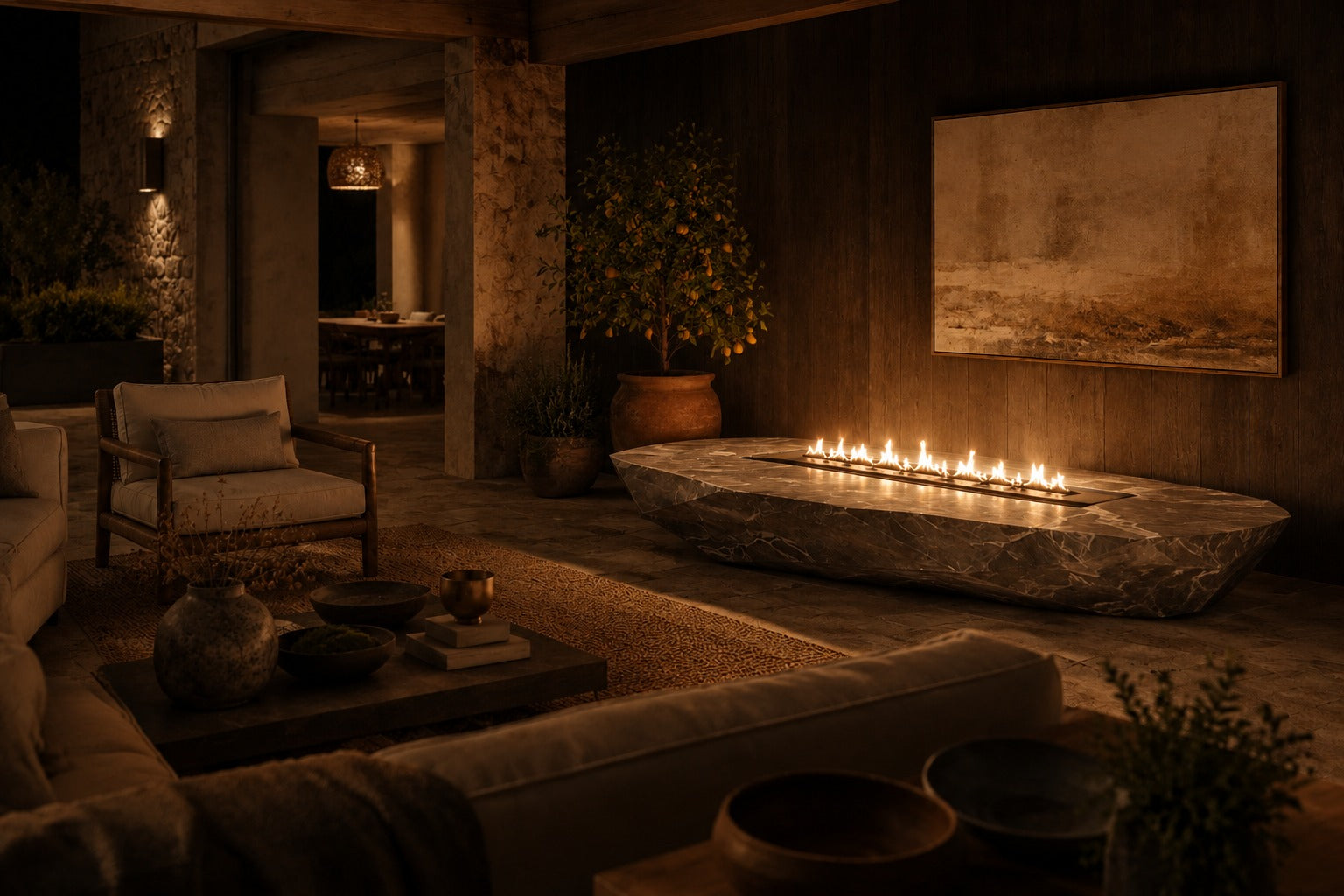 Grey-white marble fire table Iwana 220, grey-white with dark veining, on a pale stone floor.