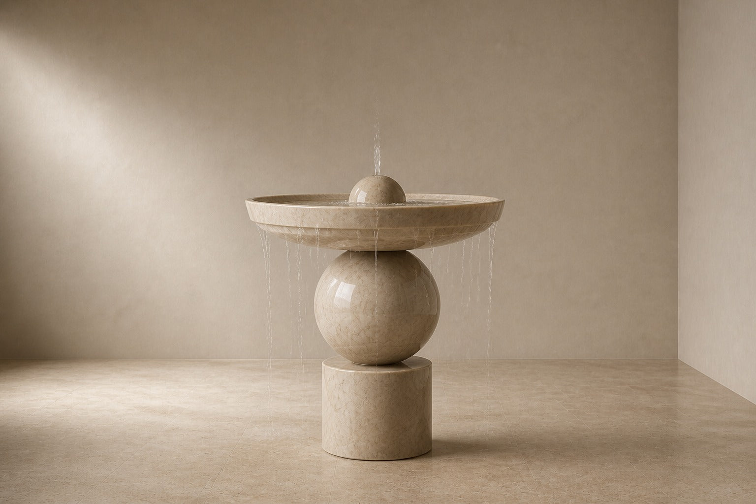 Stone pedestal fountain Kathib Ø65, pale warm stone, on a pale stone floor.