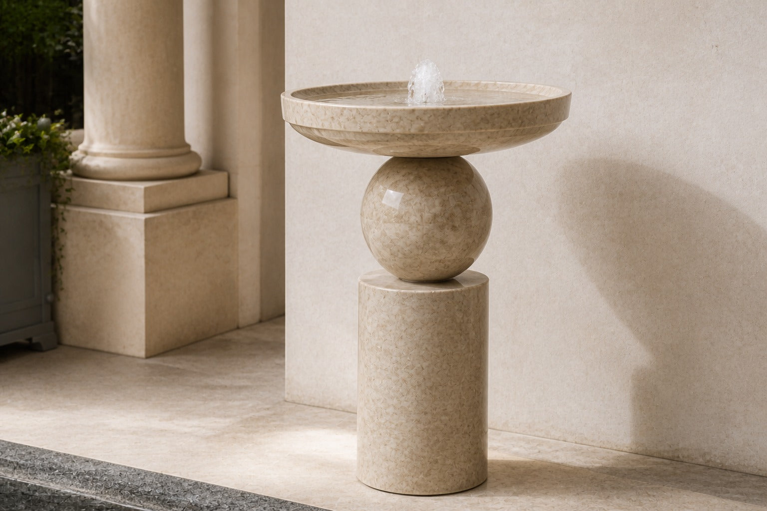 Stone pedestal fountain Kathib Ø65, pale warm stone, on a pale stone floor.