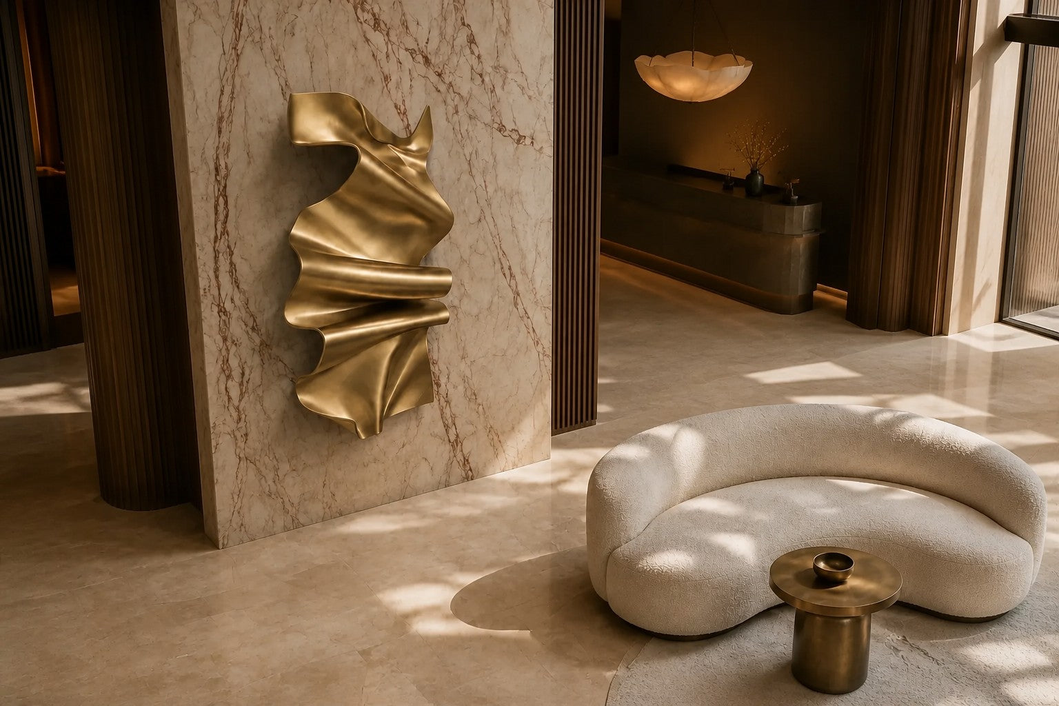 Polished gold brass wall sculpture Manto, a draped sheet caught mid-fall and fixed at one edge, on a plaster wall.