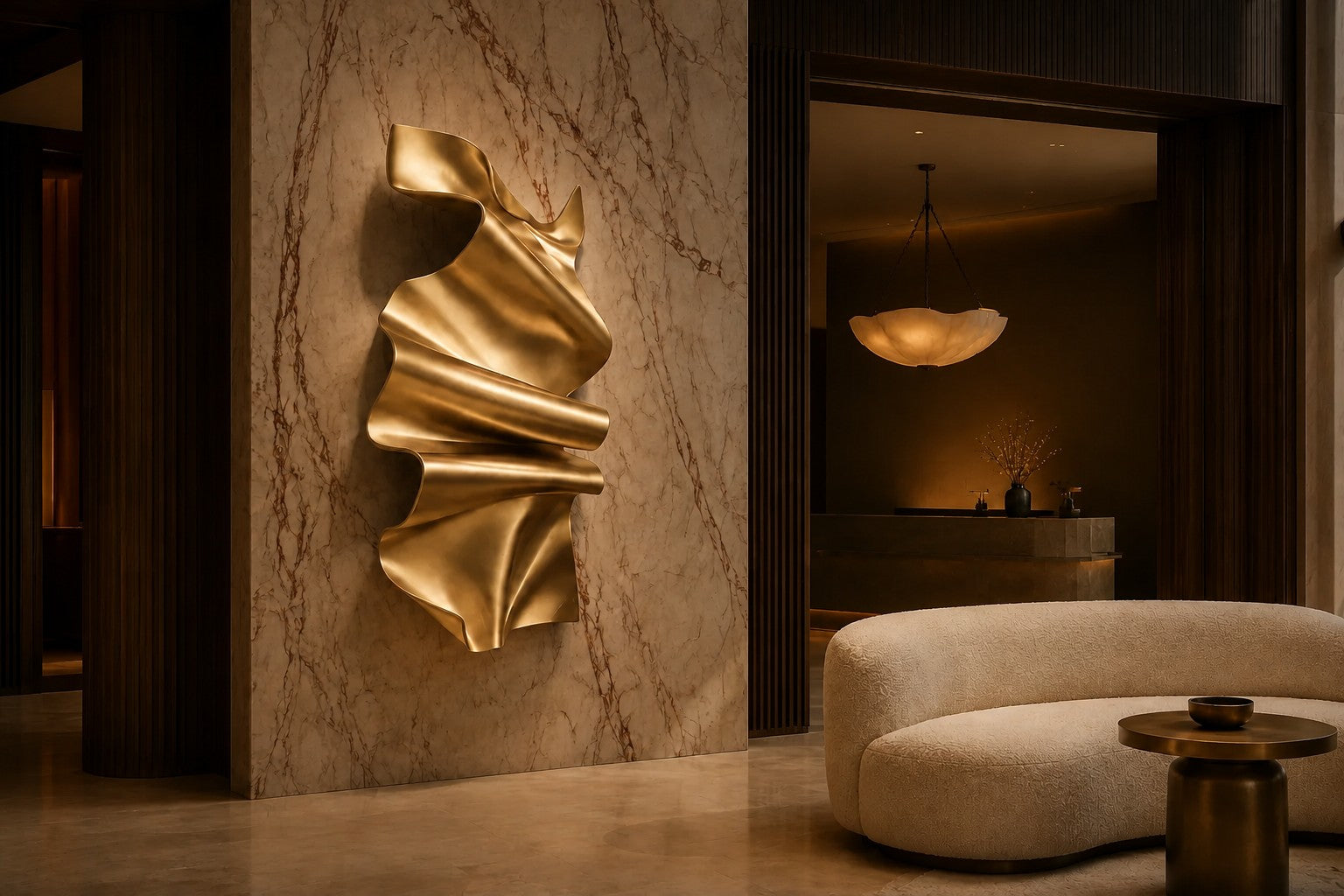 Polished gold brass wall sculpture Manto, a draped sheet caught mid-fall and fixed at one edge, on a plaster wall.