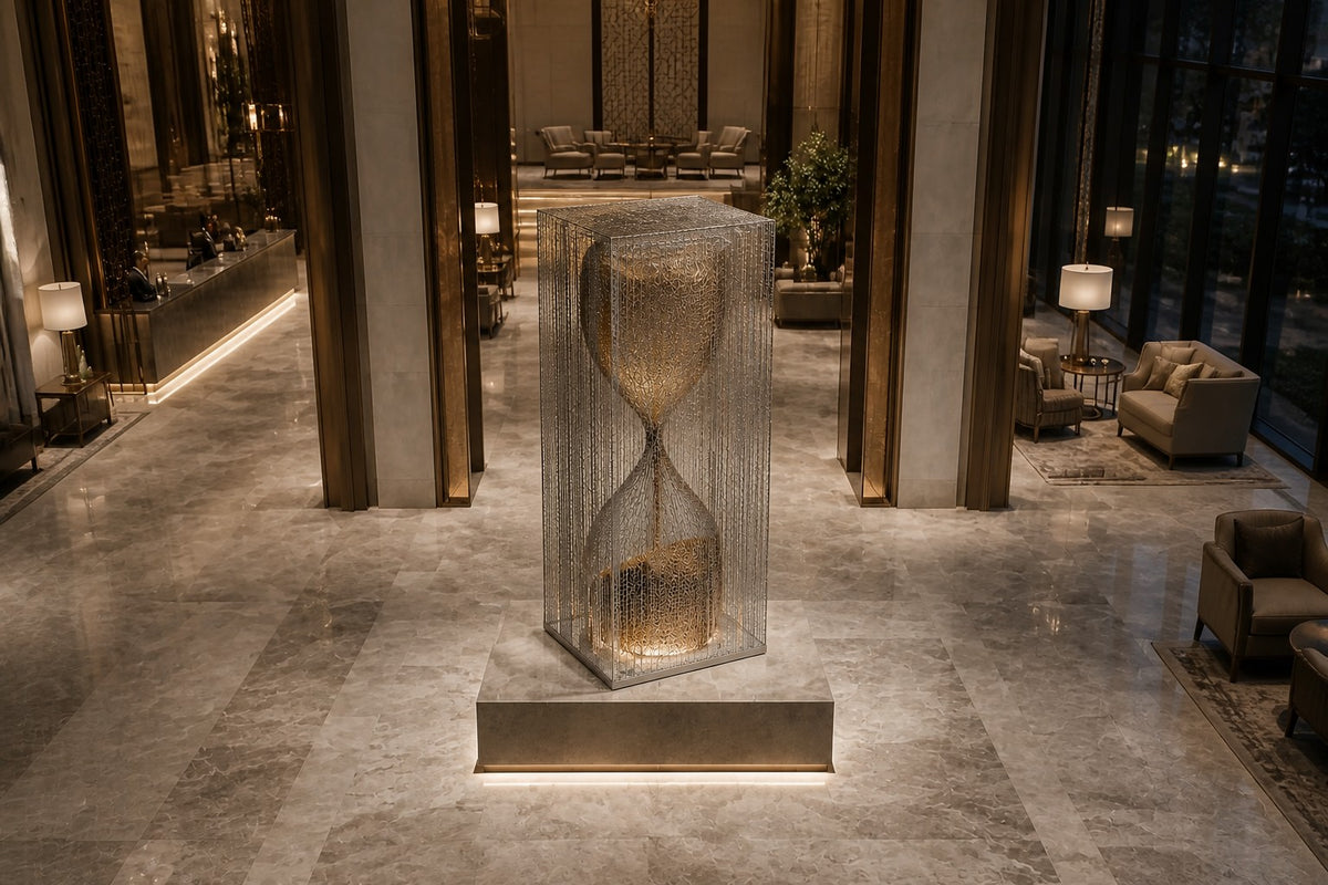 Woven bronze wire sculpture Kochab, an hourglass form packed with loose wire, suspended inside a tall wire case.