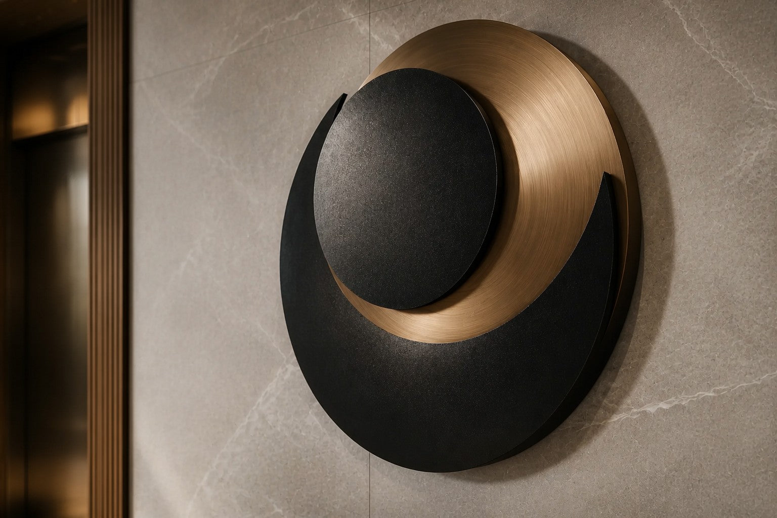 Black and warm gold bronze wall sculpture Kusuf, a matte disc overlapping a gilded crescent, on a plaster wall.