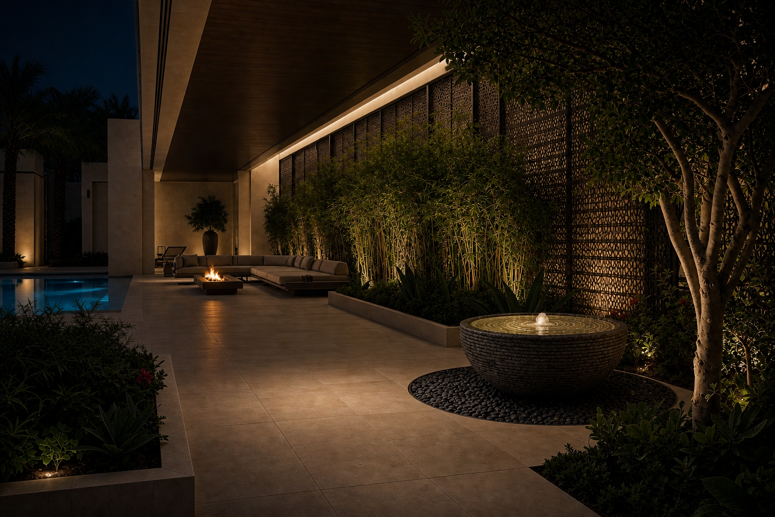 Lagoa charcoal stone bowl fountain by 1-OPH lit at night on a terrace