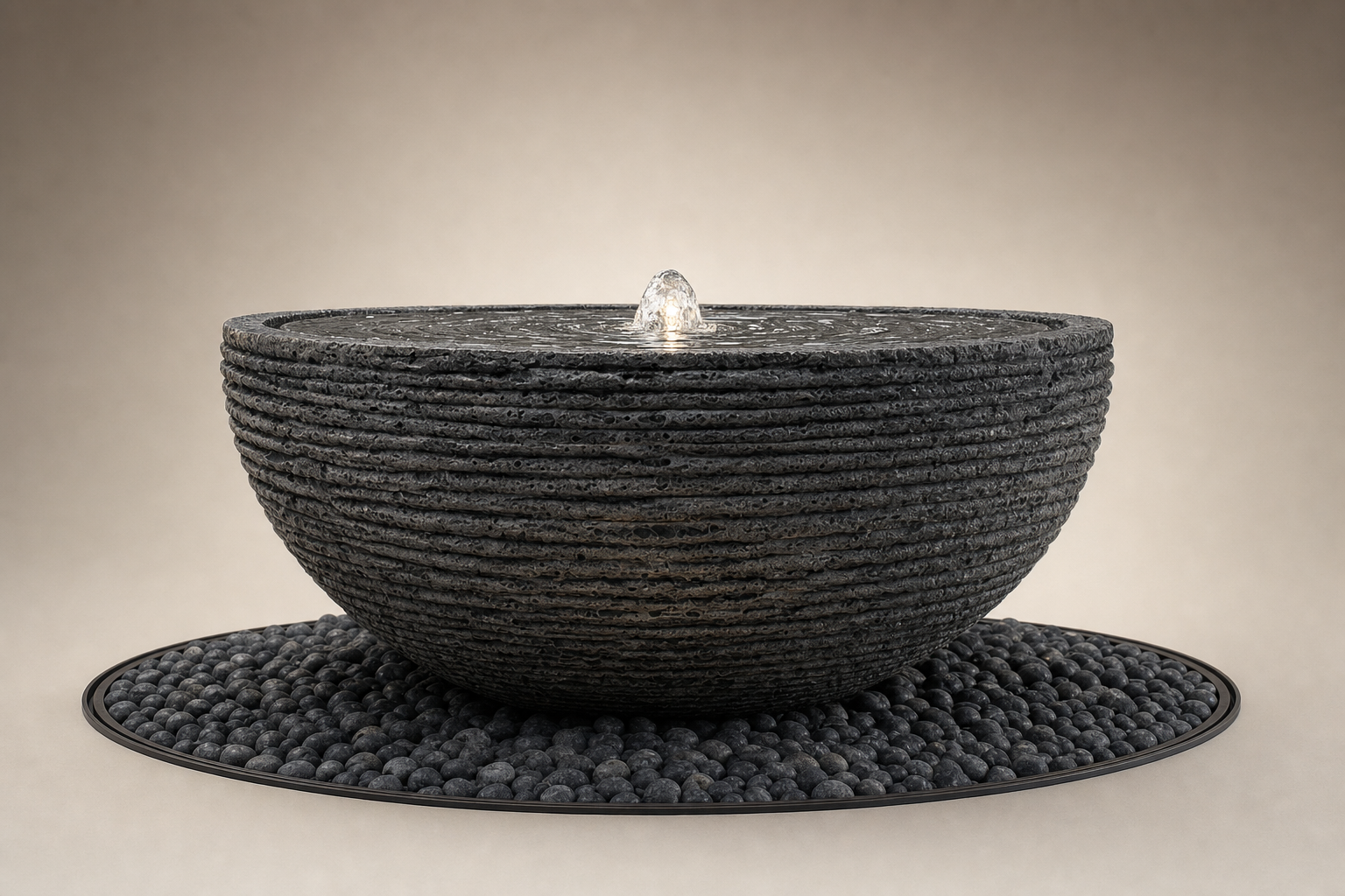 Lagoa charcoal stone bowl fountain by 1-OPH, side elevation