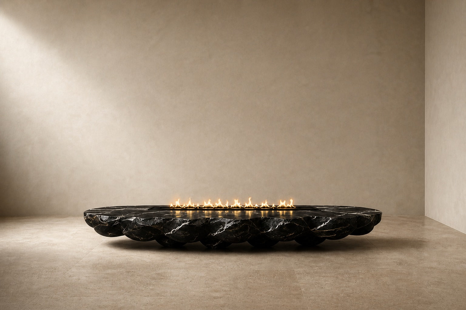 Black marble with white veining fire table Laylan 220, deep black with white and gold veining, on a pale stone floor.
