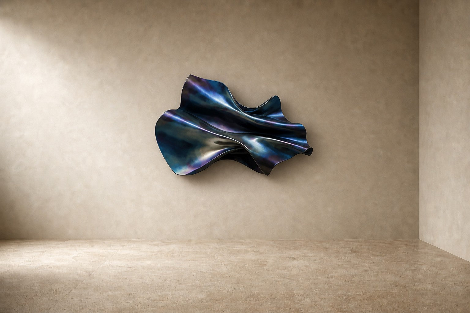 Iridescent blue and violet steel wall sculpture Lazward, overlapping scales layered on a shaped armature, on a plaster wall.