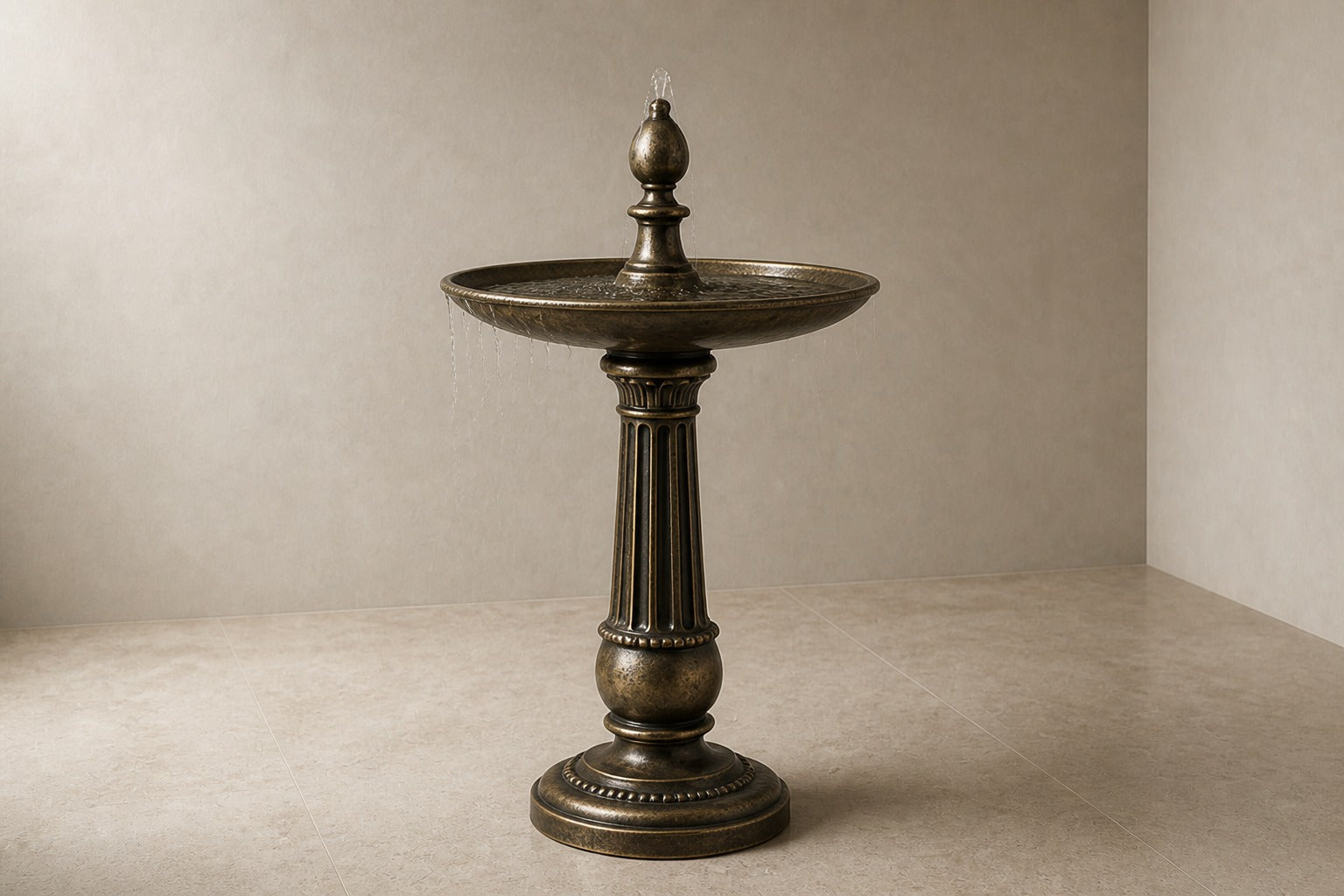 Stone pedestal fountain Lumara Ø65, antique bronze with olive depths, on a pale stone floor.