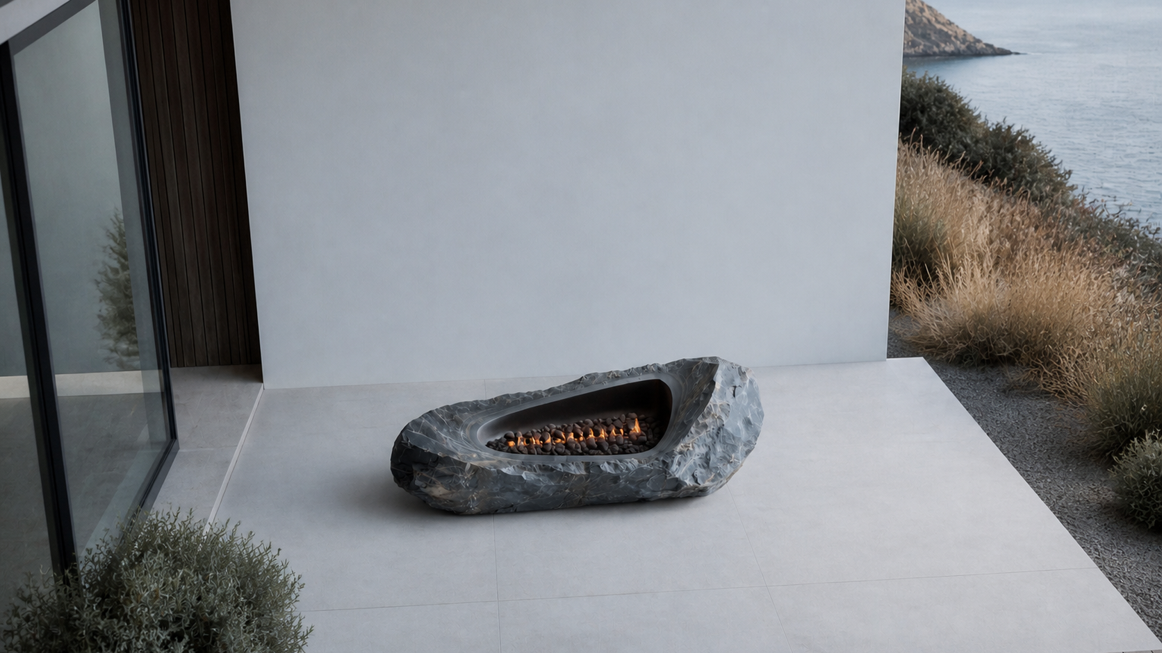 Petrena riven grey stone fireplace by 1-OPH seen from above