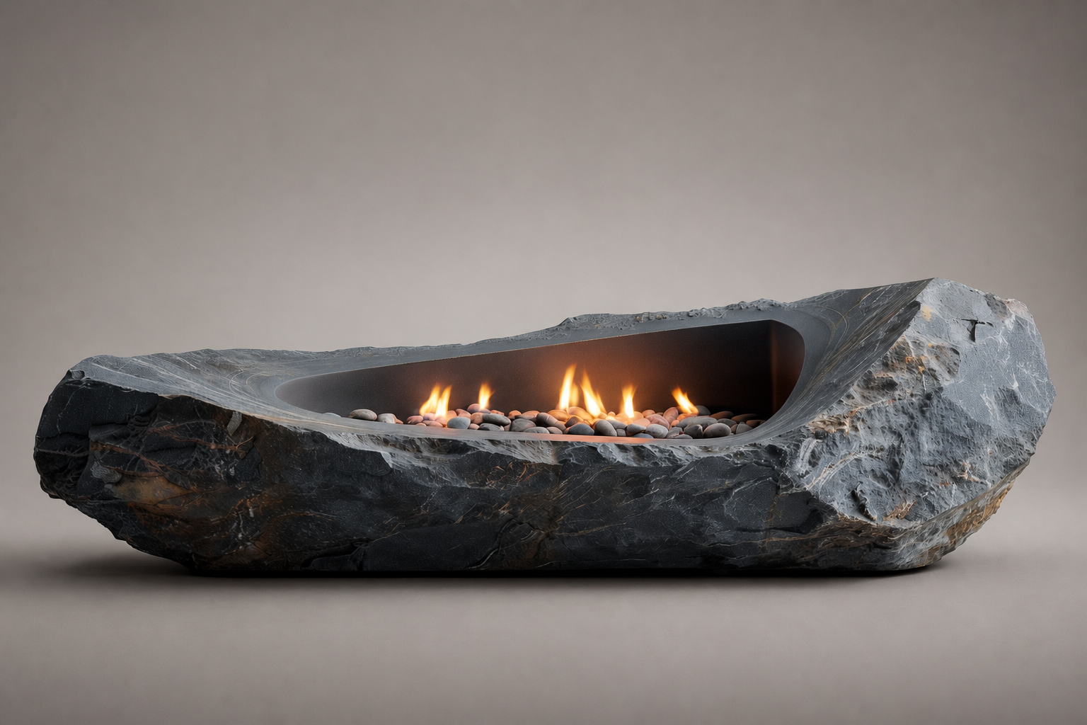 Petrena riven grey stone fireplace by 1-OPH side elevation