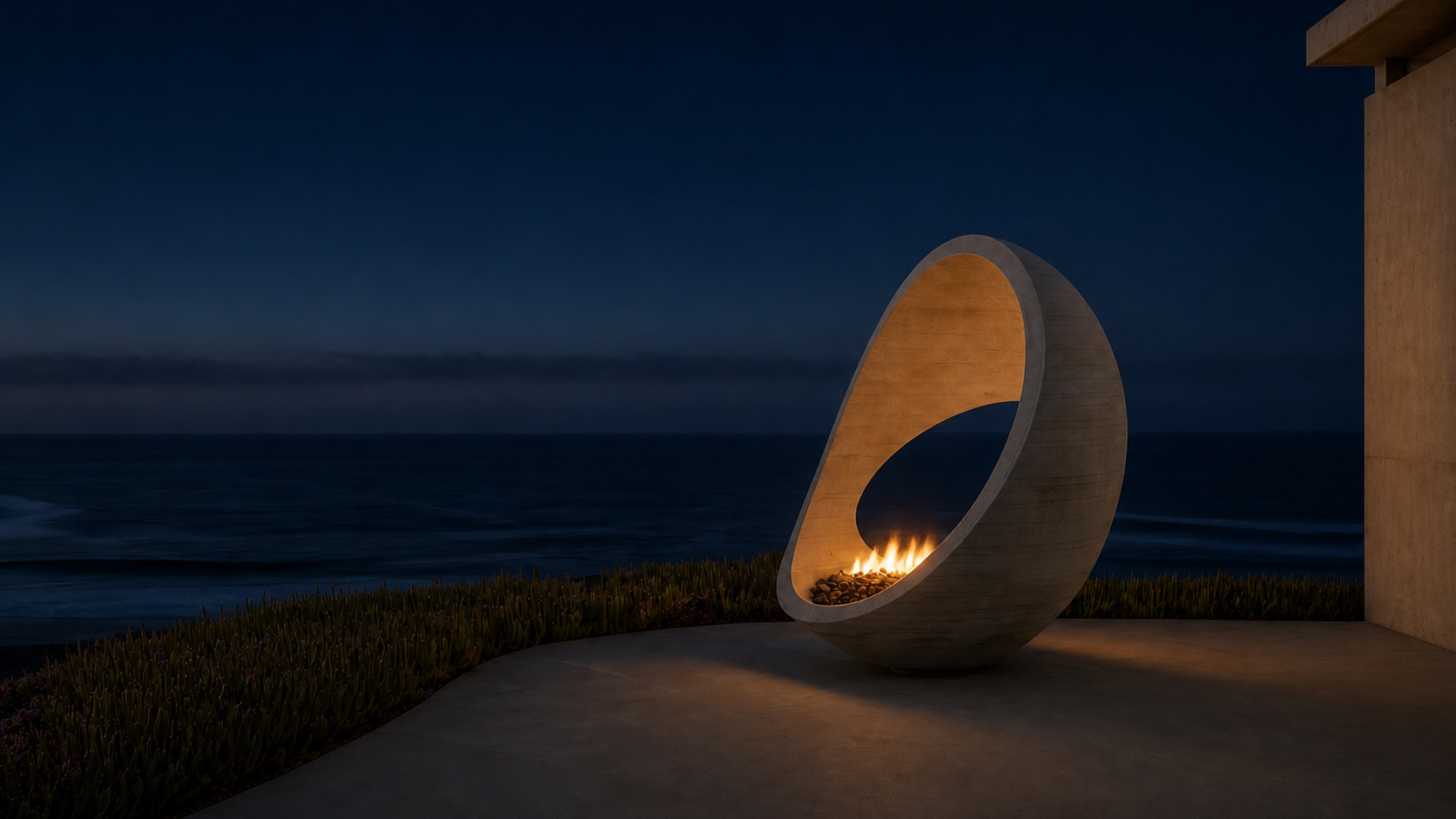 Aurera limestone fireplace by 1-OPH lit at night