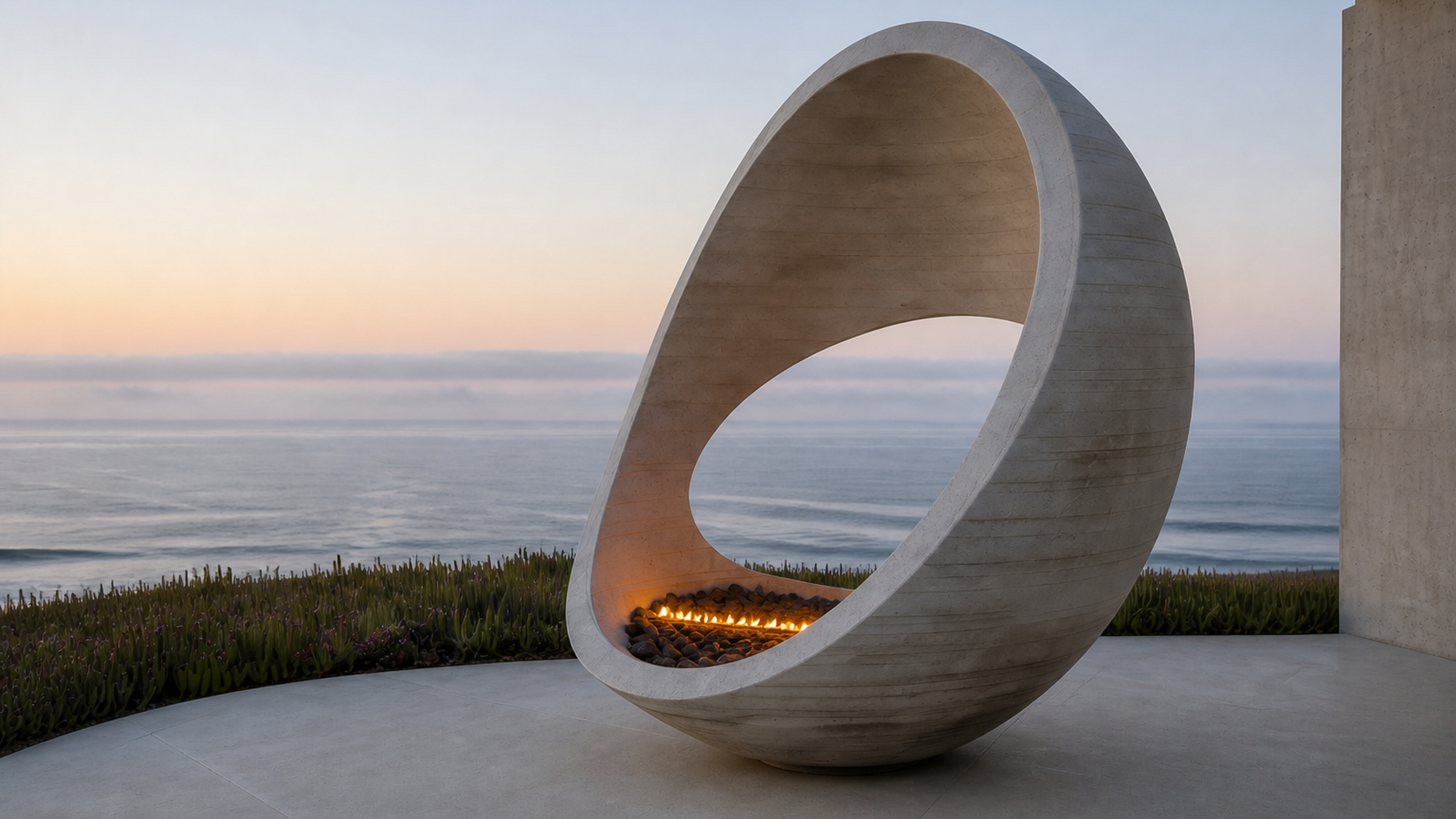 Aurera limestone fireplace by 1-OPH close detail of the lit burner