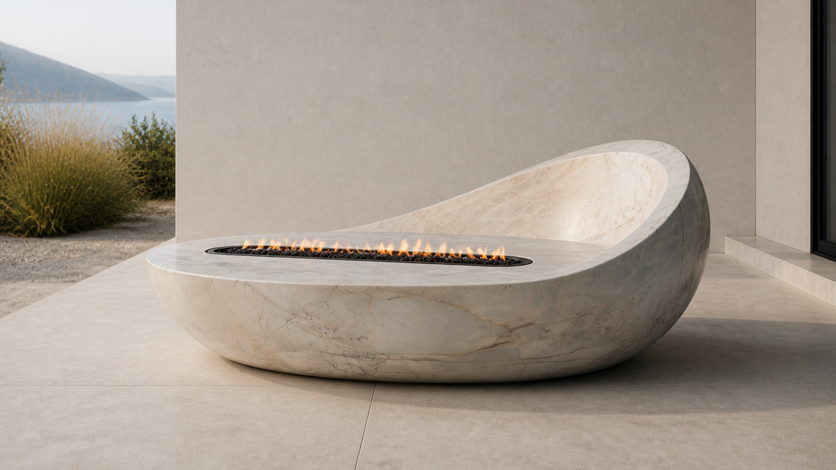 Nevara white marble fireplace by 1-OPH close detail of the lit burner