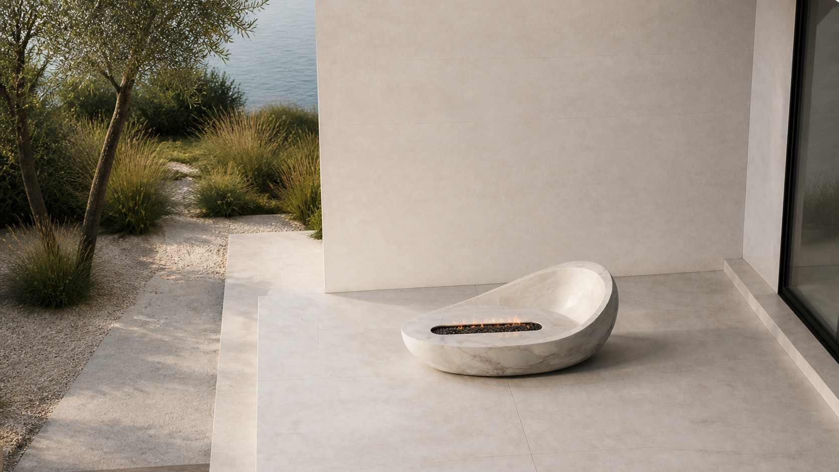 Nevara white marble fireplace by 1-OPH seen from above