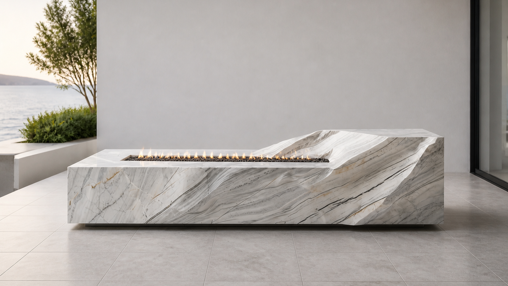 Solstice volakas marble fireplace by 1-OPH close detail of the lit burner