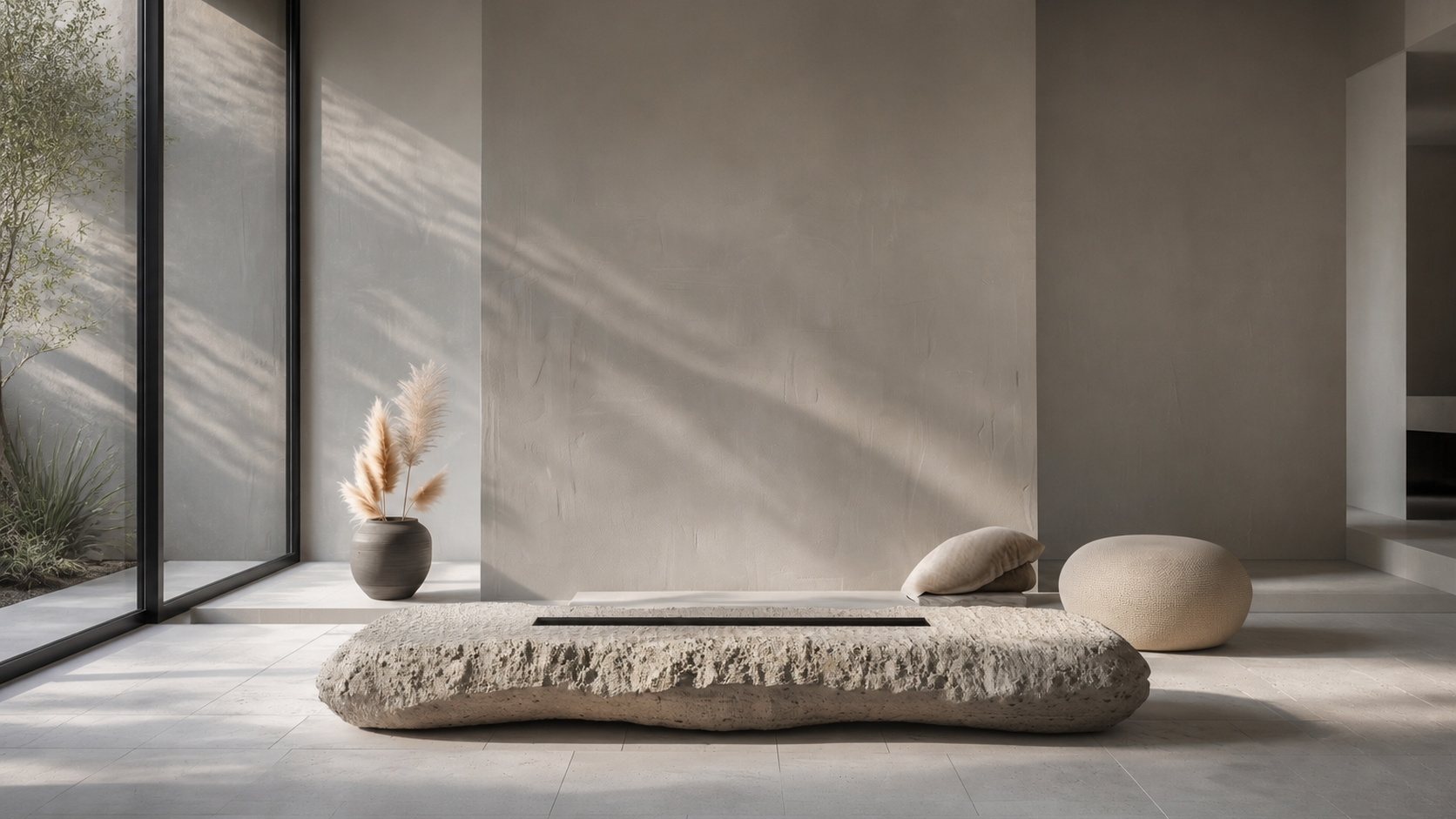 Tufara limestone fireplace by 1-OPH in a Dubai terrace setting