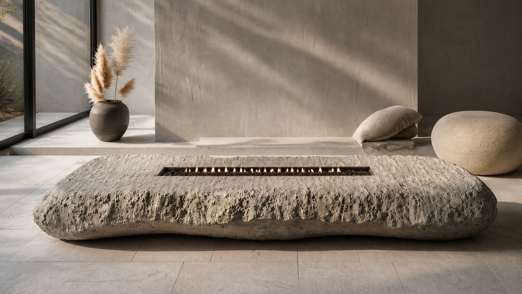 Tufara limestone fireplace by 1-OPH close detail of the lit burner