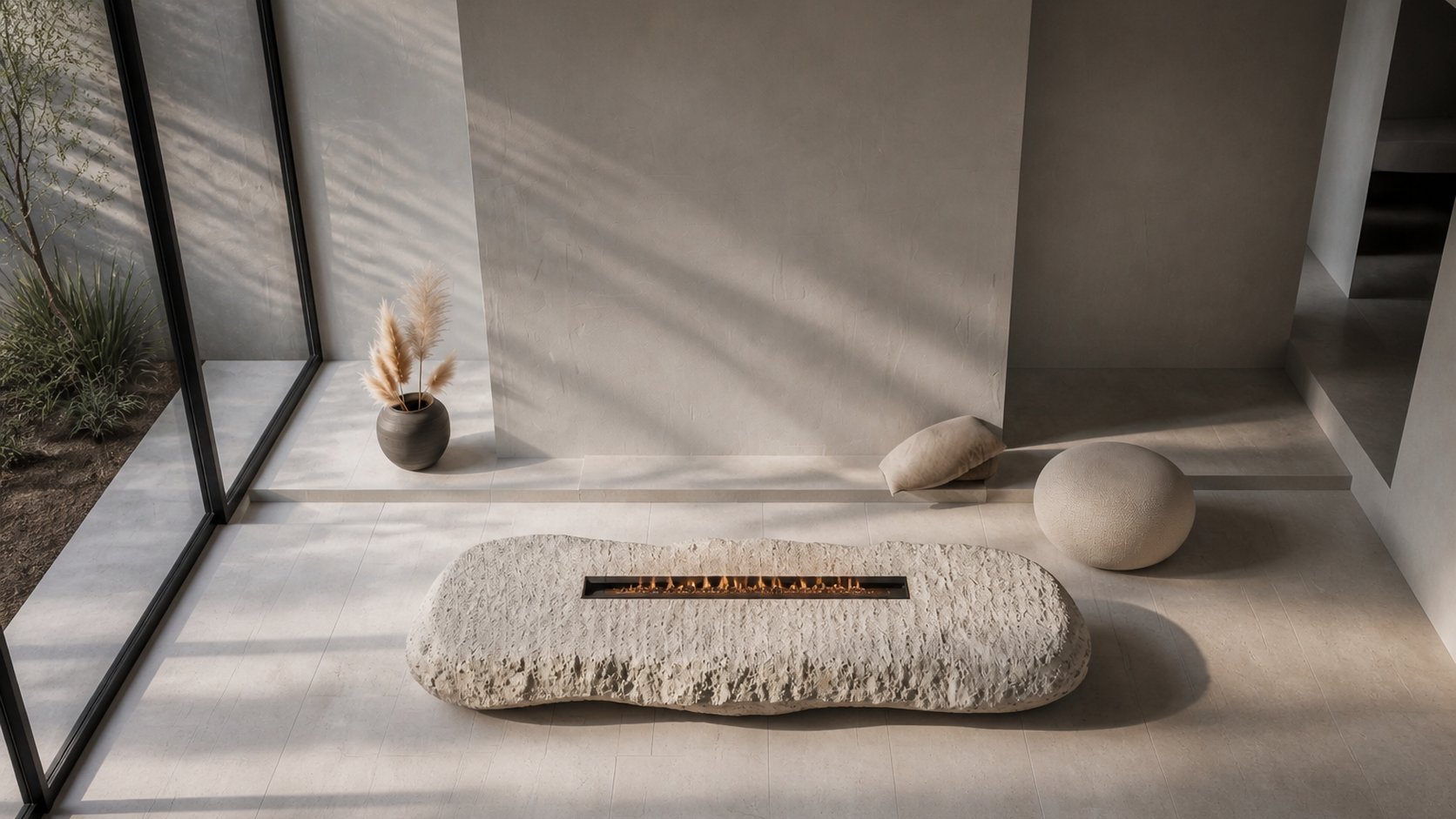 Tufara limestone fireplace by 1-OPH seen from above